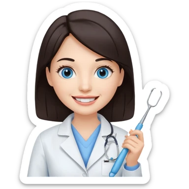 сгенерируй девушку стоматолога с профильными для нее предметами с темными волосами и голубыми глазами еще sticker