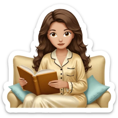 Woman with brunette hair light tanned skin reading on sofa. Long wavy hair. Beige ivory colours. Silk pyjamas. Realistic. Foxeye with lashes. Glamorous makeup sticker