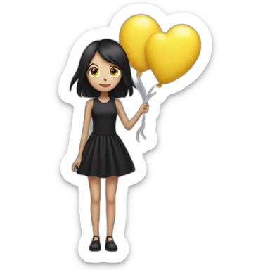 a thin girl with black straight hair, black dressed in a short dress, holds in her hands balloons in the shape of black and yellow hearts sticker