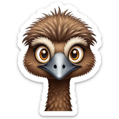 Cinematic Cute Emu Portrait Emoji, Head tilted playfully and inquisitively, featuring a glossy, textured brown plumage with a perky head and round, sparkling eyes full of curious wonder, Simplified yet irresistibly adorable features, highly detailed, glowing with a warm, friendly glow, high shine, affectionate and lively, stylized with a touch of outback whimsy, bright and endearing, soft glowing outline, capturing the essence of a mischievous yet loving emu, so playful it feels like it could gallop out of the screen into your arms! sticker
