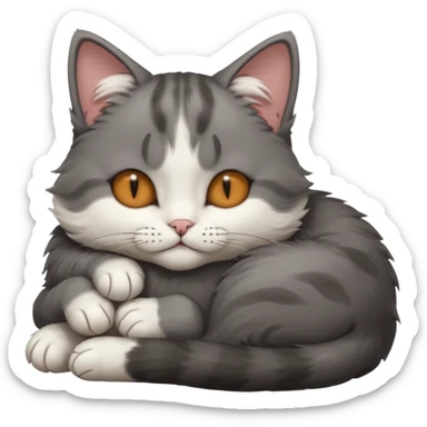 dark grey and white small cat with his eyes closed leaning his head on his paw while lying down sticker