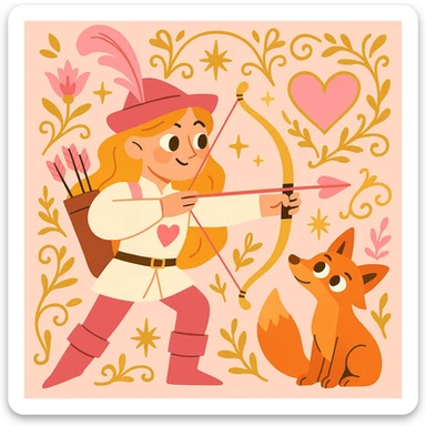 archer and fox together, ornate fairytale illustration, pink and gold accents, dreamy mood, inspired by 'Once Upon a Broken Heart' sticker