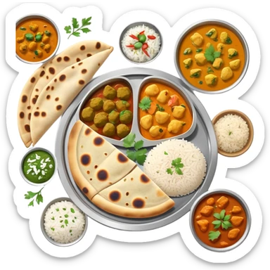 Indian food thali with curry, naan bread, and rice sticker