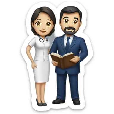 husband middle aged executive classic dark hair thin beard wearing dark blue business suit and bible, with wife filipina nurse age 55 dark hair sticker