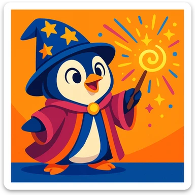 cute penguin wizard casting a spell, wearing robe and holding wand, colorful cartoon style sticker