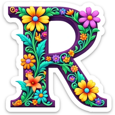 3D, gothic style psychedelic colored capital Letter L with hippie style flower border sticker