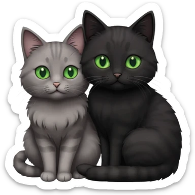 1 grey cat with green eyes and 1 black with green eyes cat cuddling sticker