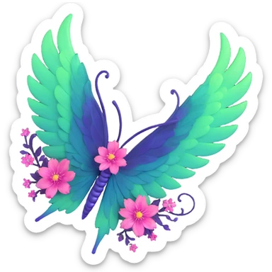 fantastical butterfly, vibrant #c0ff53 green wings with deep purple edges, glowing, intricate veins, shimmering textures, pink flowers on wing edges, pink dust cloud, magical sparkles, light bursts, floating pastel orbs, deep blue sleek body, 3D cartoon, elegant, filled with wonder sticker
