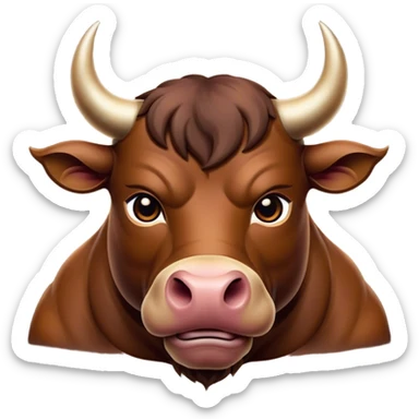 Cinematic Noble Brown Bull Portrait Emoji, Poised and regal, with a massive, muscular build and a sleek, well-groomed rich brown hide, deep-set soulful dark eyes, Simplified yet sharp and sophisticated features, highly detailed, glowing with a soft, dignified glow, high shine, intelligent and formidable, stylized with an air of strength, focused and attentive, soft glowing outline, capturing the essence of a watchful and confident guardian, so majestic it feels as though it could charge out of the screen with effortless authority! sticker