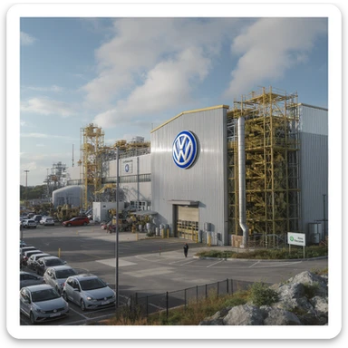 Realistic Volkswagen factory exterior, large industrial building with Volkswagen logo, parking lots filled with cars, factory grounds with machinery and equipment, realistic lighting and shadows, industrial atmosphere, workers in uniforms walking around, camouflage colors sticker