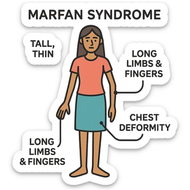 Create an educational graphic highlighting Marfan syndrome in a Latina woman. Show a tall, thin female figure with long limbs and fingers, curved spine, chest deformity, and subtle facial features. Include clear labels for each characteristic. The style should be clear, informative, and suitable for a general public audience. sticker