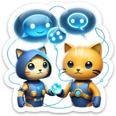 An icon representing an online multiplayer game, featuring two or more characters engaged in a virtual battle or adventure. Connected by network lines, the design includes glowing avatars, chat bubbles, and a sense of real-time interaction. Transparent background. sticker
