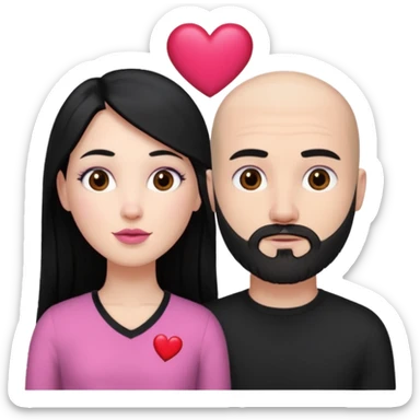 👩🏻‍❤️‍💋‍👨🏻 this one but the man should be bald. white woman with long black hair and white bald young man whoitiut hair and a heart between their heads. she has pink lips and both have brown eyes. he has e full beard but short. both wear black  sticker