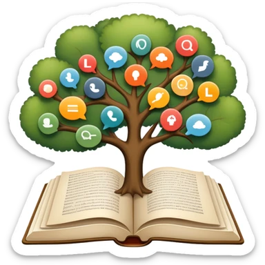 An icon featuring an open book, a speech bubble, and a linguistic tree, symbolizing philology and linguistics. The design includes alphabets, language symbols, representing the study of language, structure, and meaning. Transparent background highlights language research and analysis. sticker