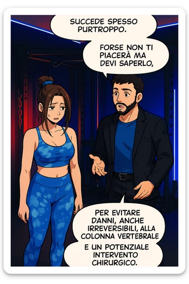 fai questa immagine in versione fumetto/manga/webtoon a colori, il manga mostra l'uomo che risponde alla donne:
Succede spesso purtroppo. 
Forse non ti piacerà ma devi saperlo, per evitare danni, anche irreversibili, alla colonna vertebrale e un potenziale intervento chirurgico. sticker