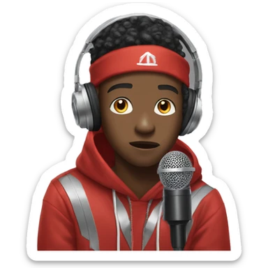 Young Black Rapper With silver headphones and a red hoodie, he grips the microphone, leaning in with intent. His gaze is focused, capturing a mix of confidence and passion as he prepares to sing. sticker