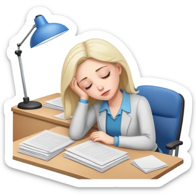 Exhausted female teacher napping at classroom desk with papers sticker