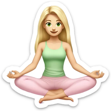 blonde long hair and green eyes yoga beautiful girl in light pink clothes sitting on a yoga mat sticker