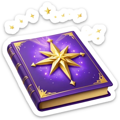 A **violet, glowing book** with **golden edges**, floating with **sparkles and magical wisps** around it. The cover features a **golden starburst sigil**, symbolizing charm and radiance. ✨📖 sticker
