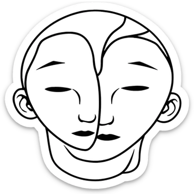 face split into two halves, one half realistic, other half art style sticker