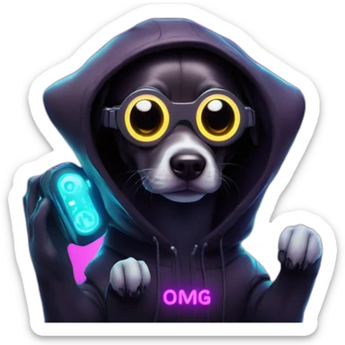 funny dog wearing a black hoodie with "OMG" letters on it and VR headset in a cyberpunk VR environment with violet neon lighting. sticker