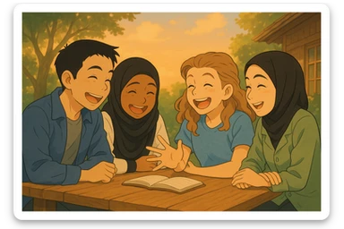 Les personnages rient ensemble dans une ambiance joyeuse, style ghibli, avec un arrière-plan naturel, même composition que l'image de référence. sticker