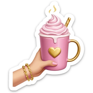 Chocolate caliente rosa con nata y brillos una mano sosteniéndolo con pulseras doradas sticker