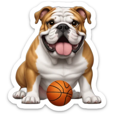 English bulldog with a basketball ball placed between it's forward paws sticker