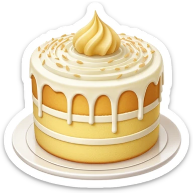 Cinematic Realistic Simple Vanilla Cake, a perfectly baked golden sponge with soft, airy layers, delicate vanilla frosting smoothly spread across the top, tiny flecks of vanilla bean visible, warm golden lighting creating depth, glowing with a sweet, irresistible charm. sticker