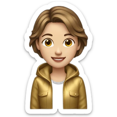 girl-shorter brown hair-gold jacket-smile-ear rings sticker