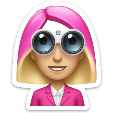 white female employee with loose blonde hair wearing intensive color pink suit looking in binoculars sticker