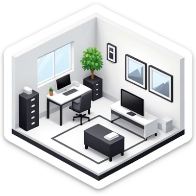 An isometric 3D room with two white walls that meet at the back left and right and a single Window. Black and White Home Office Room sticker
