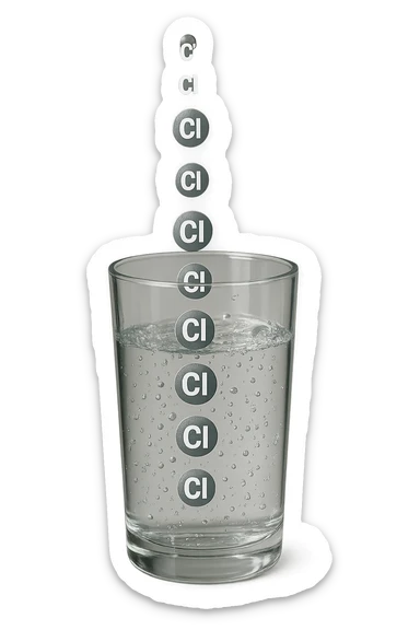 un bicchiere di acqua cade verticalmente dall'alto realistico e dettagliato, dentro l'acqua del bicchiere ci sono particelle di cloro ben visibili con la scritta "Cl" sopra, ci sono particelle anche che escono dal bicchiere e fluttuano in aria verticalmente, mentre alcune sono all'interno dell'acqua nel bicchiere, iperrealistico 4k sticker