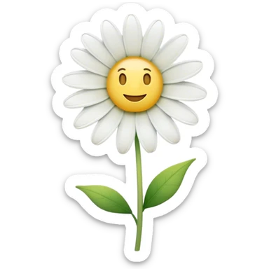 Cinematic Realistic Daisy Emoji, Cheerful and pure, with bright white petals surrounding a sunny yellow center, standing proudly atop a slender green stem. The soft, vibrant petals seem to radiate positivity, while a few green leaves frame the delicate flower. Soft glowing outline, capturing the essence of simplicity, innocence, and happiness in a single daisy. sticker