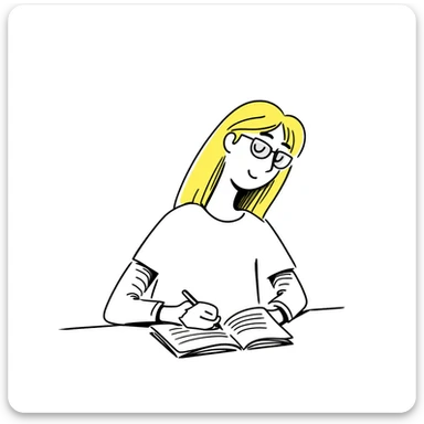 blonde woman wearing glasses, writing in a notebook sticker
