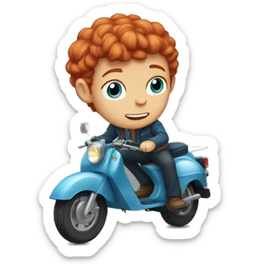 I need a sticker of a red-haired boy on a moped with blue eyes and freckles sticker