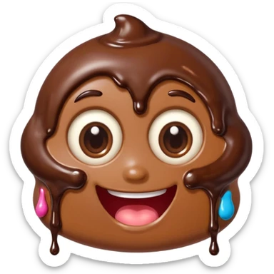 Funny cartoon chocolate mini pastry, crazy wide eyes, messy chocolate dripping, smiling distorted face, chibi style, Twitch emoji style, transparent background, colorful sticker