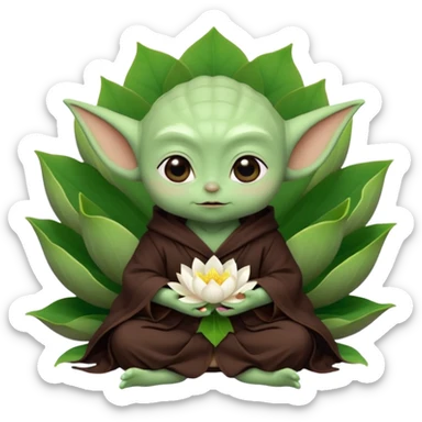Baby Yoda con su tunica chocolate oscuro sentado dentro de una flor de loto sticker
