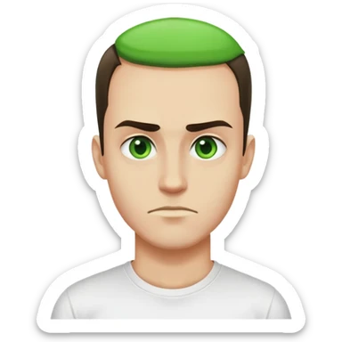 A guy that has a green forhead wearing a white t-shirt with a big black M on the t-shirt  sticker