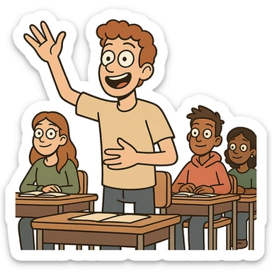 lively character standing up in class, confidently answering a question, with classmates in the background, friendly and inviting style sticker