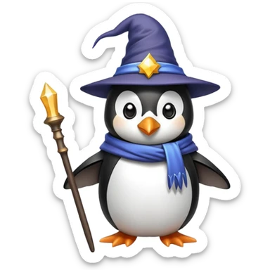 Penguin wearing a wizard hat and holding a magic wand sticker