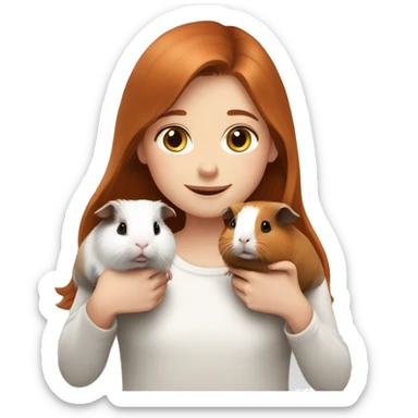 a girl with auburn hair hugs two guinea pigs, one white and light brown in color and the other black and white sticker