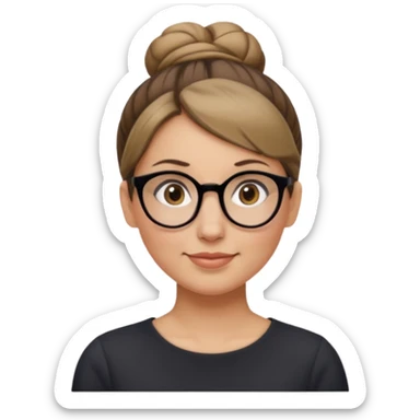 femme de 38 ans avec des cheveux blond foncé, un chignon haut, yeux bruns, lunettes rondes sticker