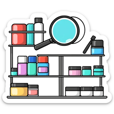 magnifying glass over empty beauty product shelf, searching sticker