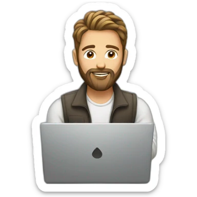 man with a bun and beard at a laptop sticker
