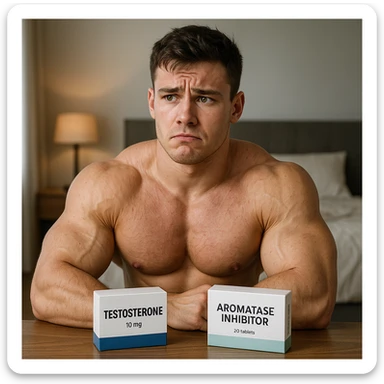 realistic muscular young man with box of testosterone and package of aromatase inhibitor on table, uncertain expression, swollen muscles but marked skin, bedroom background, 4K quality sticker