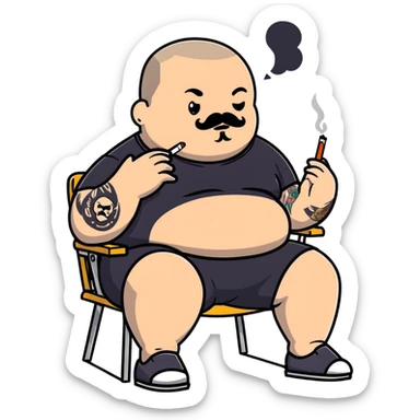 Overweight man sitting back in chair with legs spread, holding cigarette, exposed belly, round face, very short buzzcut hair, short beard with mustache, black t-shirt with light stripes on top, black shorts, tattooed arms sticker