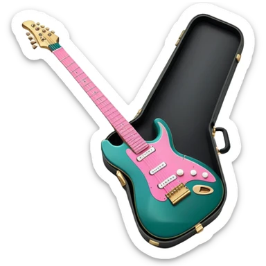 minimalist electric guitar in dark green with pink and blue stripe decal, closed inside a black rectangular hard case with gold latches, flat semi-3D style, soft matte textures, simplified details, stylized decal accent, ready-to-play symbol sticker