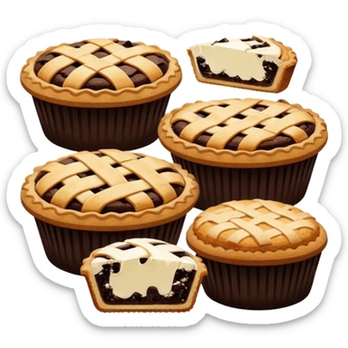 Baking community avatar in clean emoji-style illustration. Pies, cookies, and muffins grouped together, warm golden tones, simple shapes, flat design, high contrast, cozy and friendly. sticker