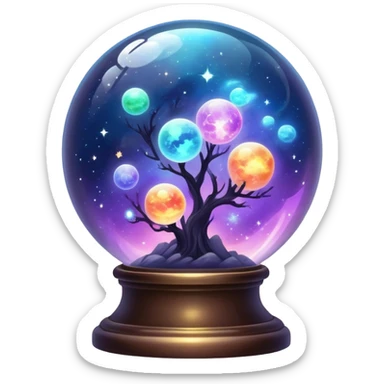 Tiny mystical mysterious sparkly cloudy magical glowing spherical nebula planets inside a glass globe dome sticker